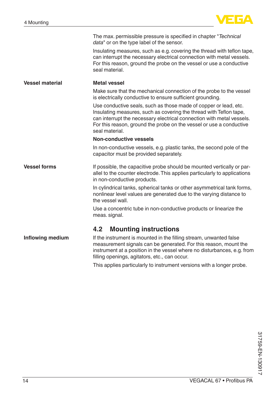 2 mounting instructions | VEGA VEGACAL 67 Profibus PA User Manual | Page 14 / 52