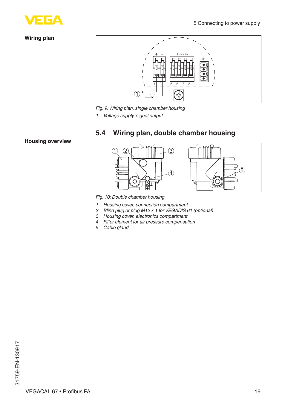 4 wiring plan, double chamber housing | VEGA VEGACAL 67 Profibus PA User Manual | Page 19 / 52