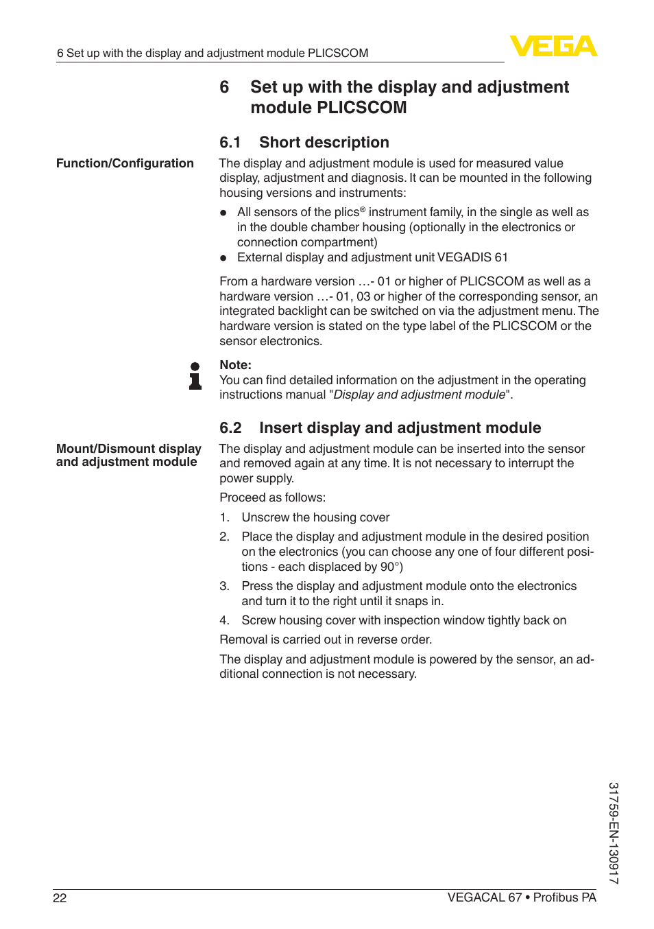 1 short description, 2 insert display and adjustment module | VEGA VEGACAL 67 Profibus PA User Manual | Page 22 / 52