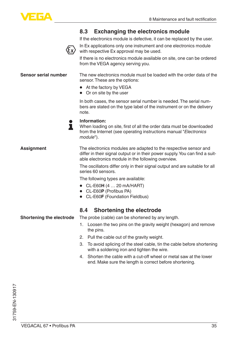 3 exchanging the electronics module, 4 shortening the electrode | VEGA VEGACAL 67 Profibus PA User Manual | Page 35 / 52