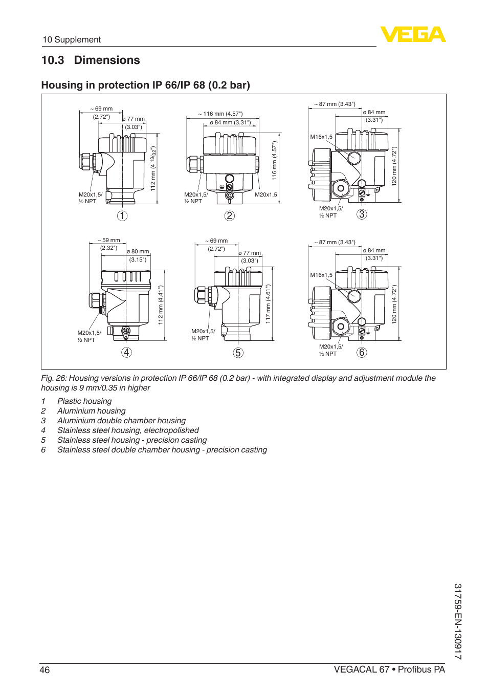 3 dimensions, 10 supplement | VEGA VEGACAL 67 Profibus PA User Manual | Page 46 / 52