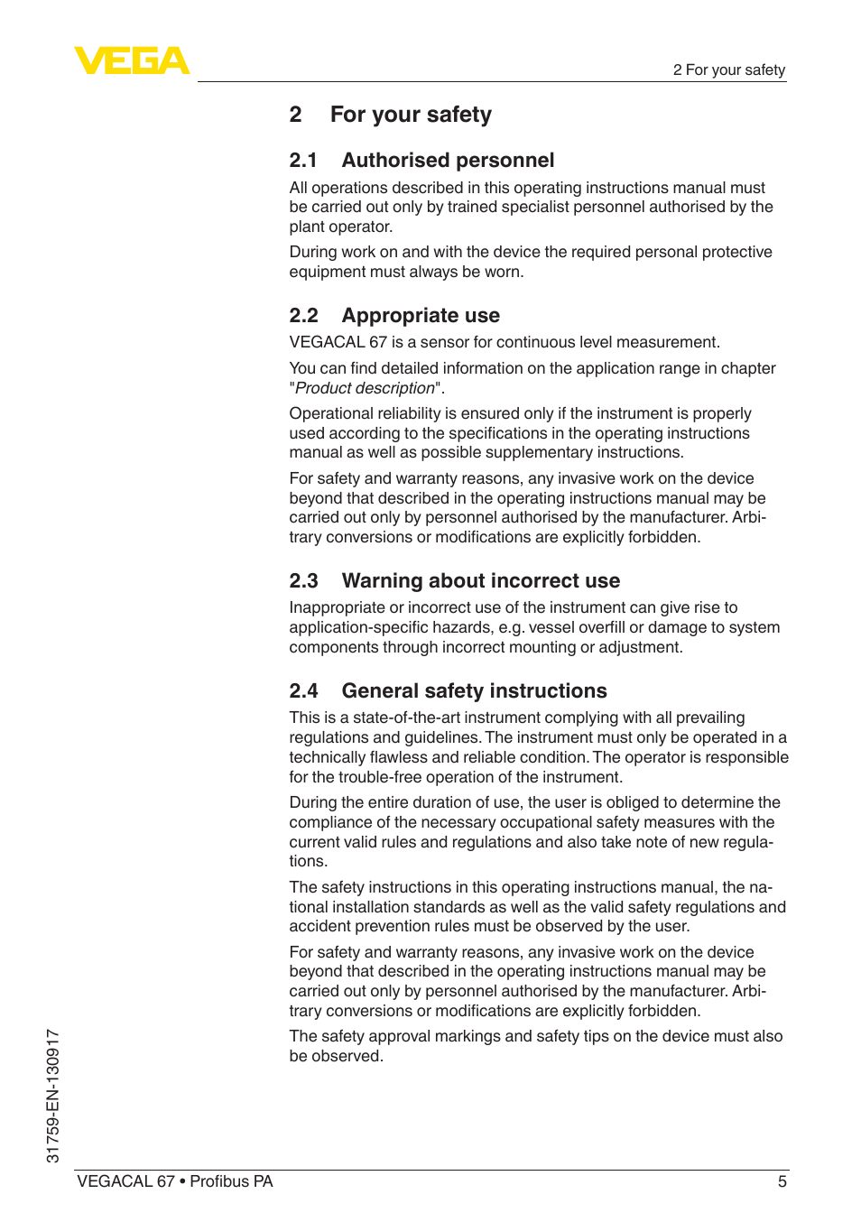 2 for your safety, 1 authorised personnel, 2 appropriate use | 3 warning about incorrect use, 4 general safety instructions | VEGA VEGACAL 67 Profibus PA User Manual | Page 5 / 52