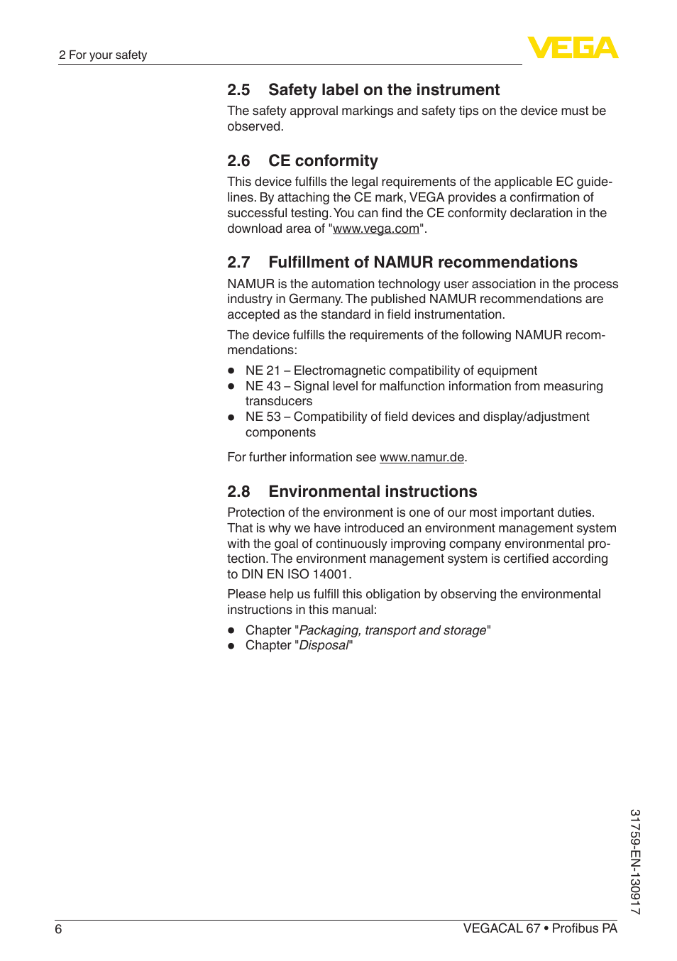 5 safety label on the instrument, 6 ce conformity, 7 fulfillment of namur recommendations | 8 environmental instructions | VEGA VEGACAL 67 Profibus PA User Manual | Page 6 / 52