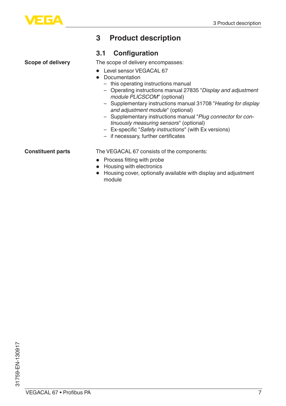 3 product description, 1 configuration | VEGA VEGACAL 67 Profibus PA User Manual | Page 7 / 52