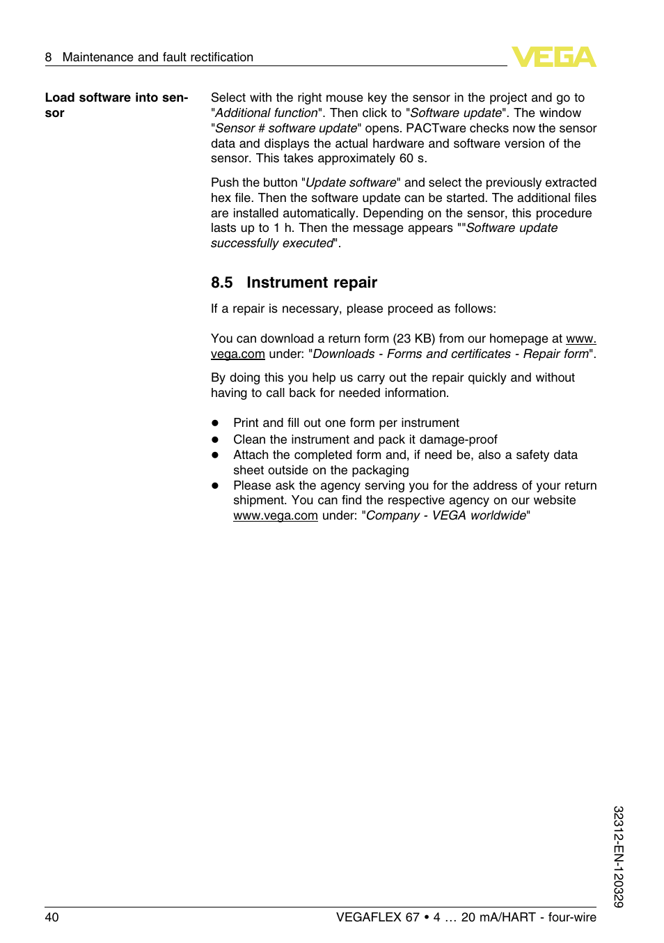 5 instrument repair | VEGA VEGAFLEX 67 (-200…+400°C) 4 … 20 mA_HART four-wire User Manual | Page 40 / 56