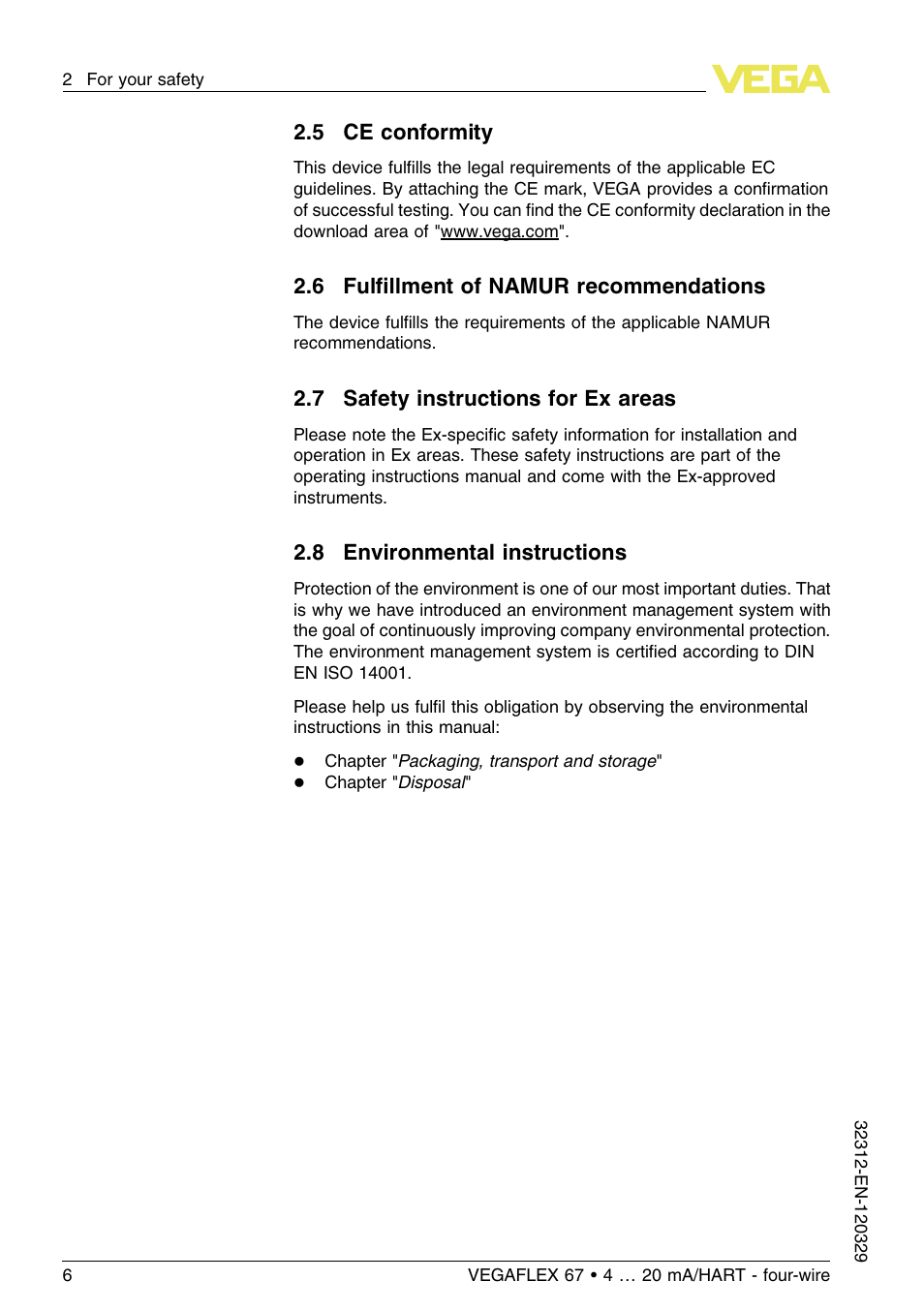 5 ce conformity, 6 fulfillment of namur recommendations, 7 safety instructions for ex areas | 8 environmental instructions | VEGA VEGAFLEX 67 (-200…+400°C) 4 … 20 mA_HART four-wire User Manual | Page 6 / 56