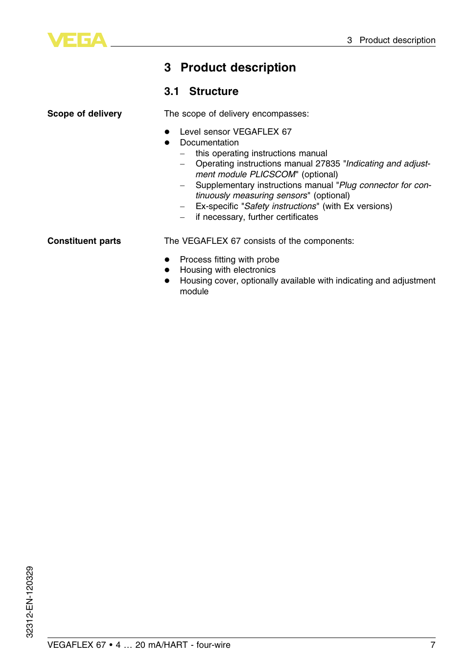 3 product description, 1 structure, 3product description | VEGA VEGAFLEX 67 (-200…+400°C) 4 … 20 mA_HART four-wire User Manual | Page 7 / 56