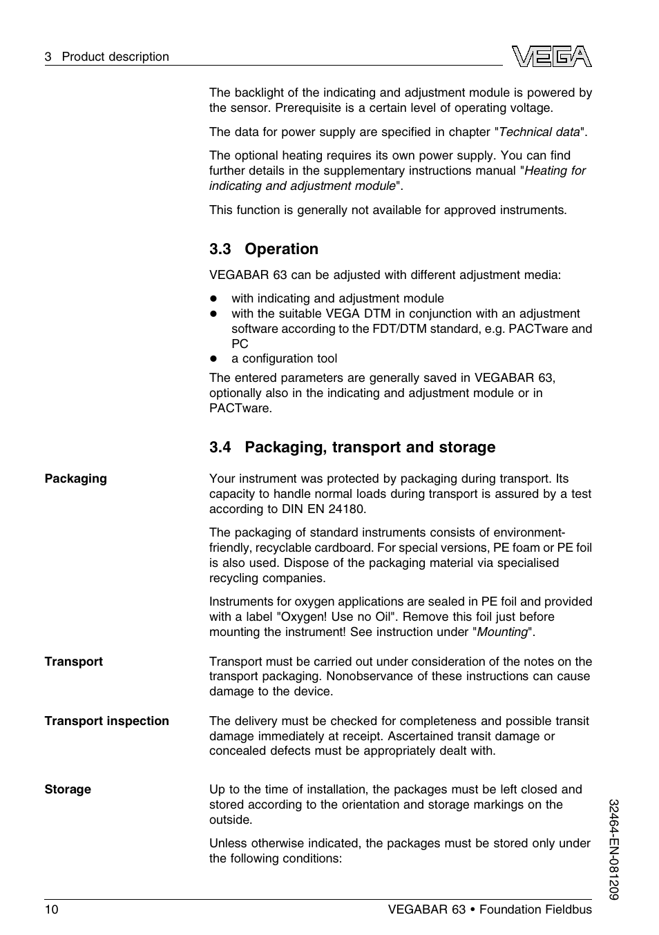 3 operation, 4 packaging, transport and storage | VEGA VEGABAR 63 Foundation Fieldbus User Manual | Page 10 / 76