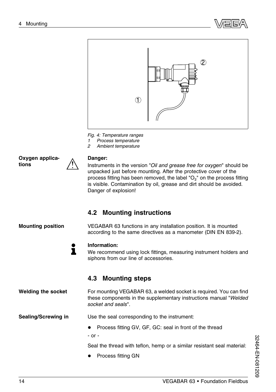 2 mounting instructions, 3 mounting steps | VEGA VEGABAR 63 Foundation Fieldbus User Manual | Page 14 / 76