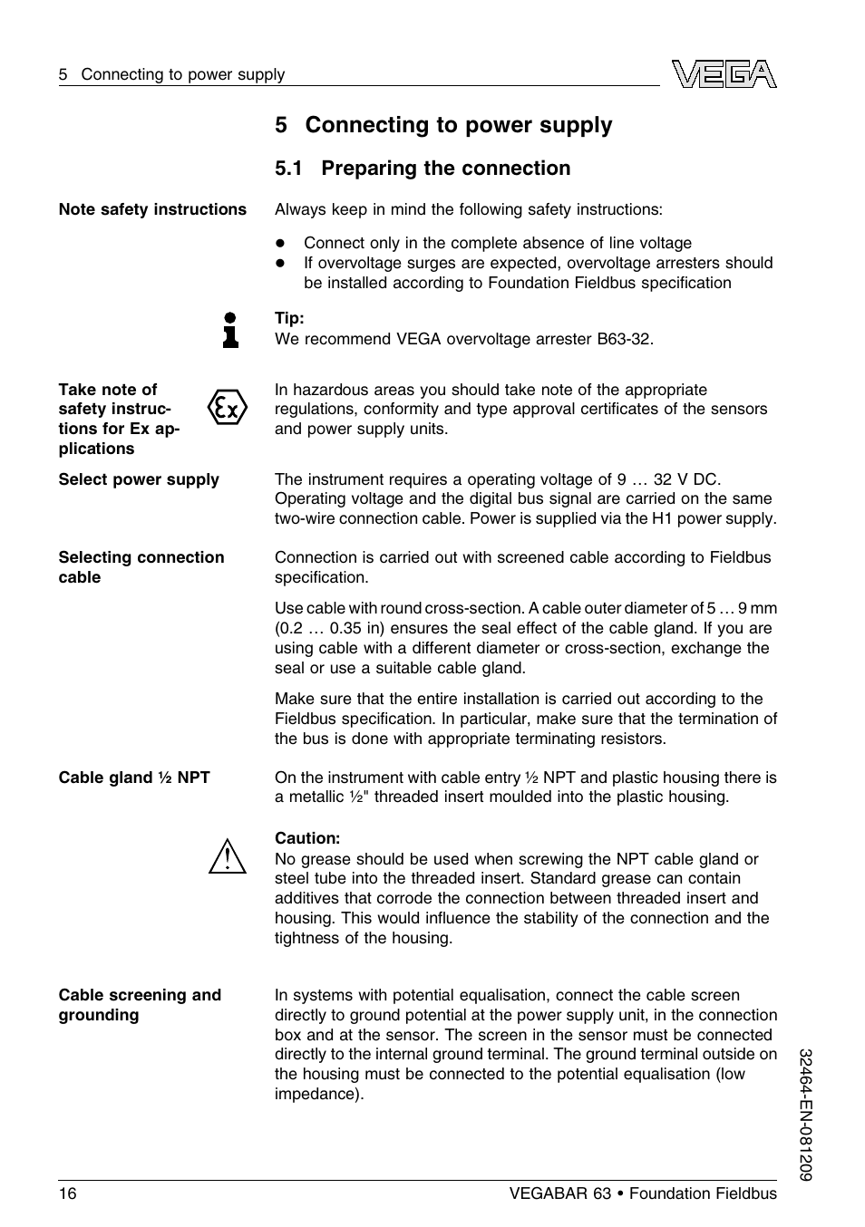 5 connecting to power supply, 1 preparing the connection | VEGA VEGABAR 63 Foundation Fieldbus User Manual | Page 16 / 76