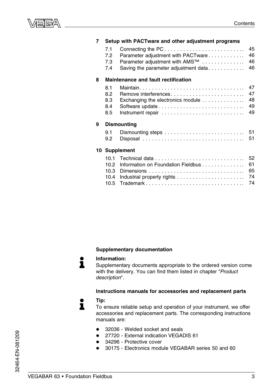 VEGA VEGABAR 63 Foundation Fieldbus User Manual | Page 3 / 76