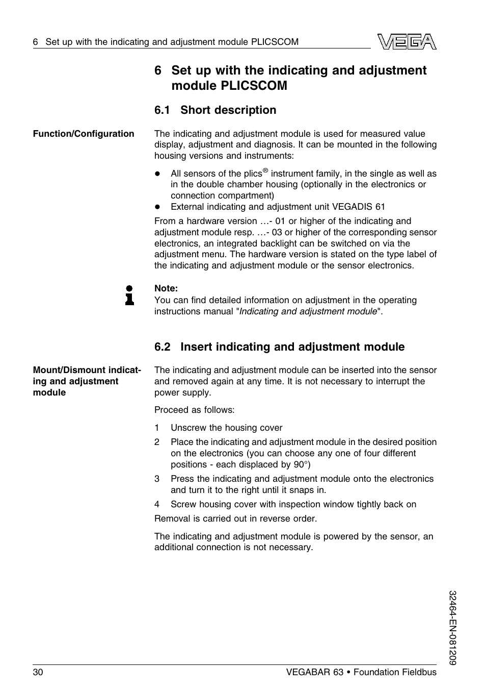 1 short description, 2 insert indicating and adjustment module | VEGA VEGABAR 63 Foundation Fieldbus User Manual | Page 30 / 76