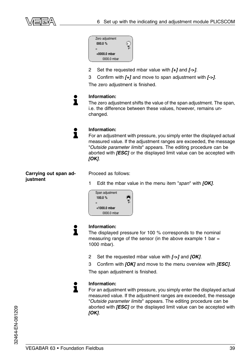 VEGA VEGABAR 63 Foundation Fieldbus User Manual | Page 39 / 76