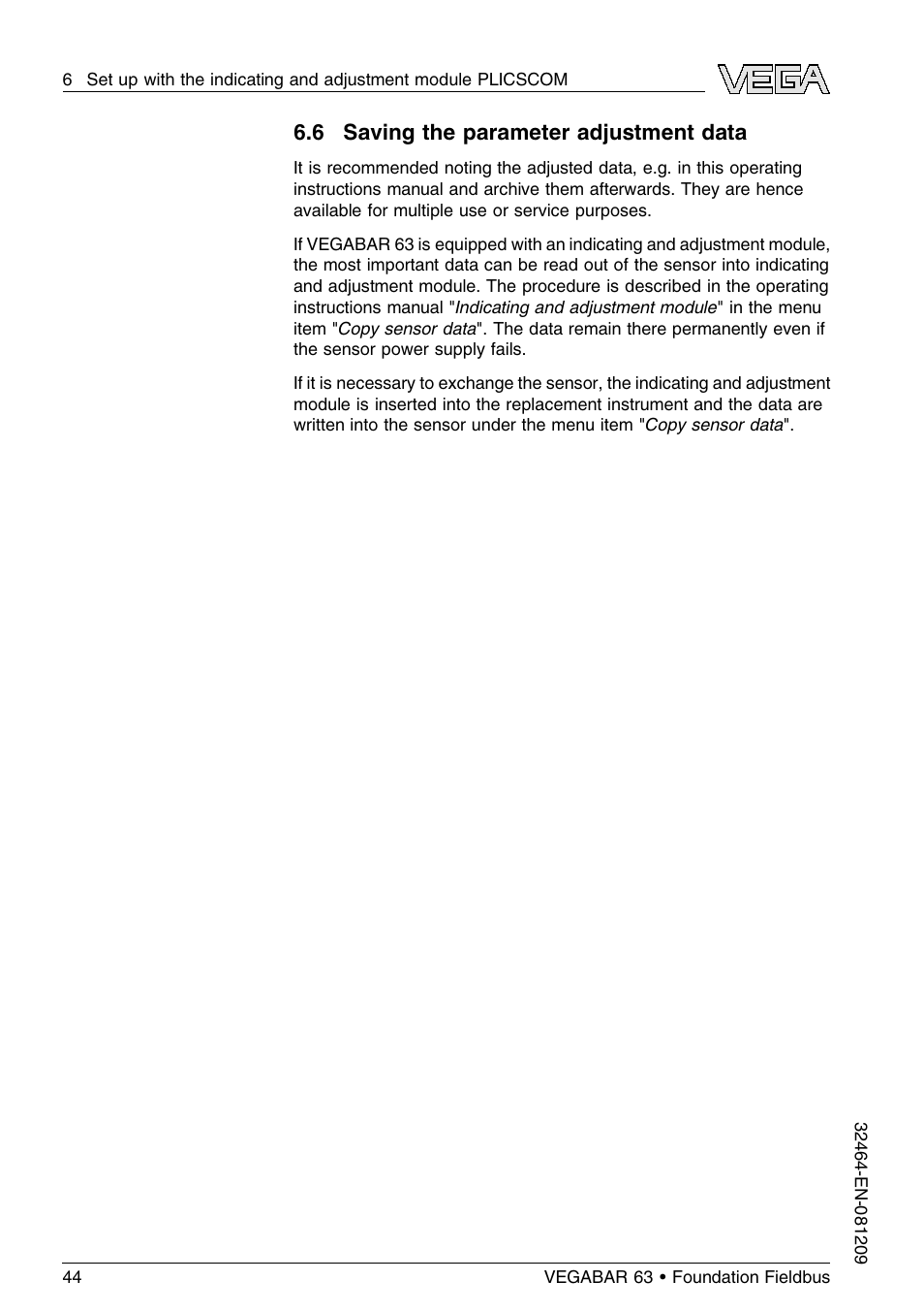 6 saving the parameter adjustment data | VEGA VEGABAR 63 Foundation Fieldbus User Manual | Page 44 / 76