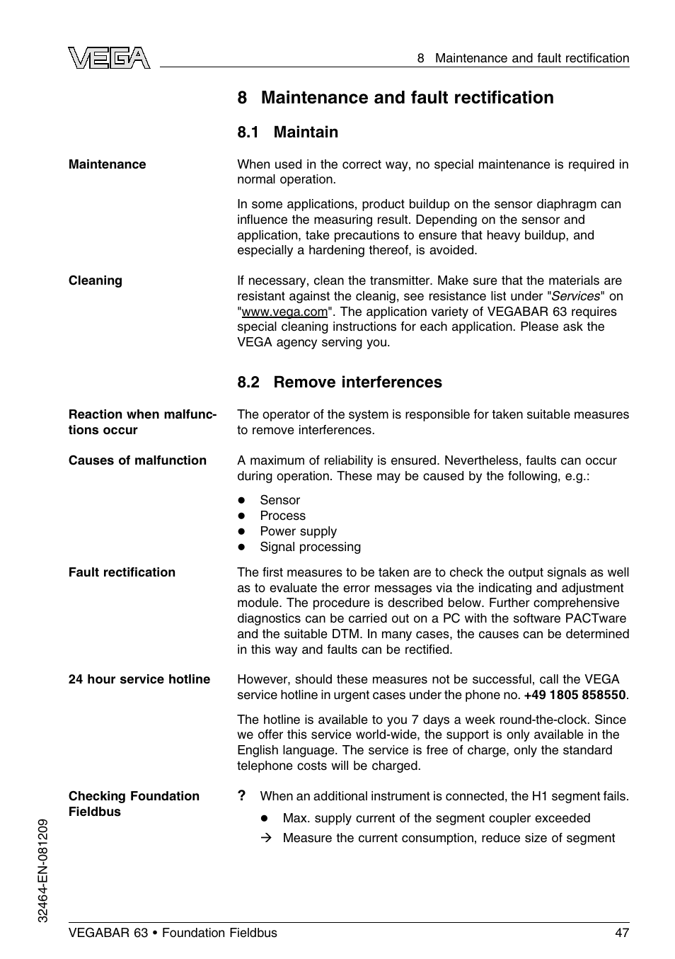 8 maintenance and fault rectification, 1 maintain, 2 remove interferences | 8 maintenance and fault rectiﬁcation | VEGA VEGABAR 63 Foundation Fieldbus User Manual | Page 47 / 76