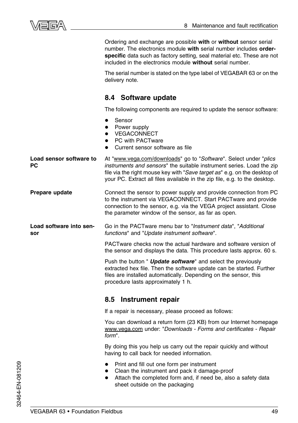 4 software update, 5 instrument repair | VEGA VEGABAR 63 Foundation Fieldbus User Manual | Page 49 / 76