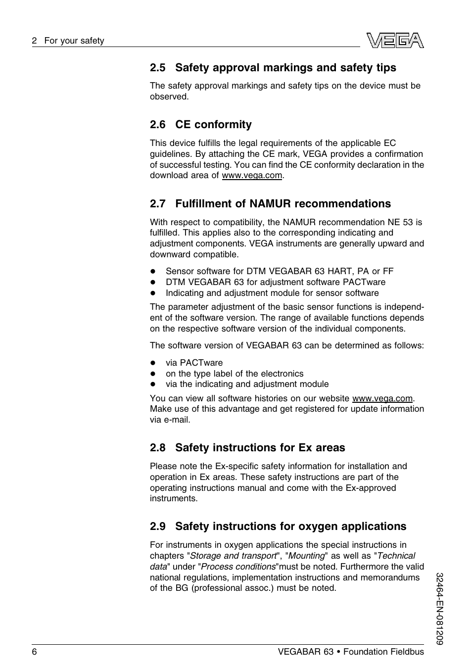 5 safety approval markings and safety tips, 6 ce conformity, 7 fulfillment of namur recommendations | 8 safety instructions for ex areas, 9 safety instructions for oxygen applications, 7 fulﬁllment of namur recommendations | VEGA VEGABAR 63 Foundation Fieldbus User Manual | Page 6 / 76