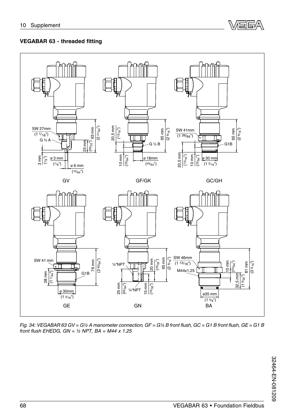 Vegabar 63 - threaded ﬁtting, Gn ba ge gv gf/gk gc/gh | VEGA VEGABAR 63 Foundation Fieldbus User Manual | Page 68 / 76