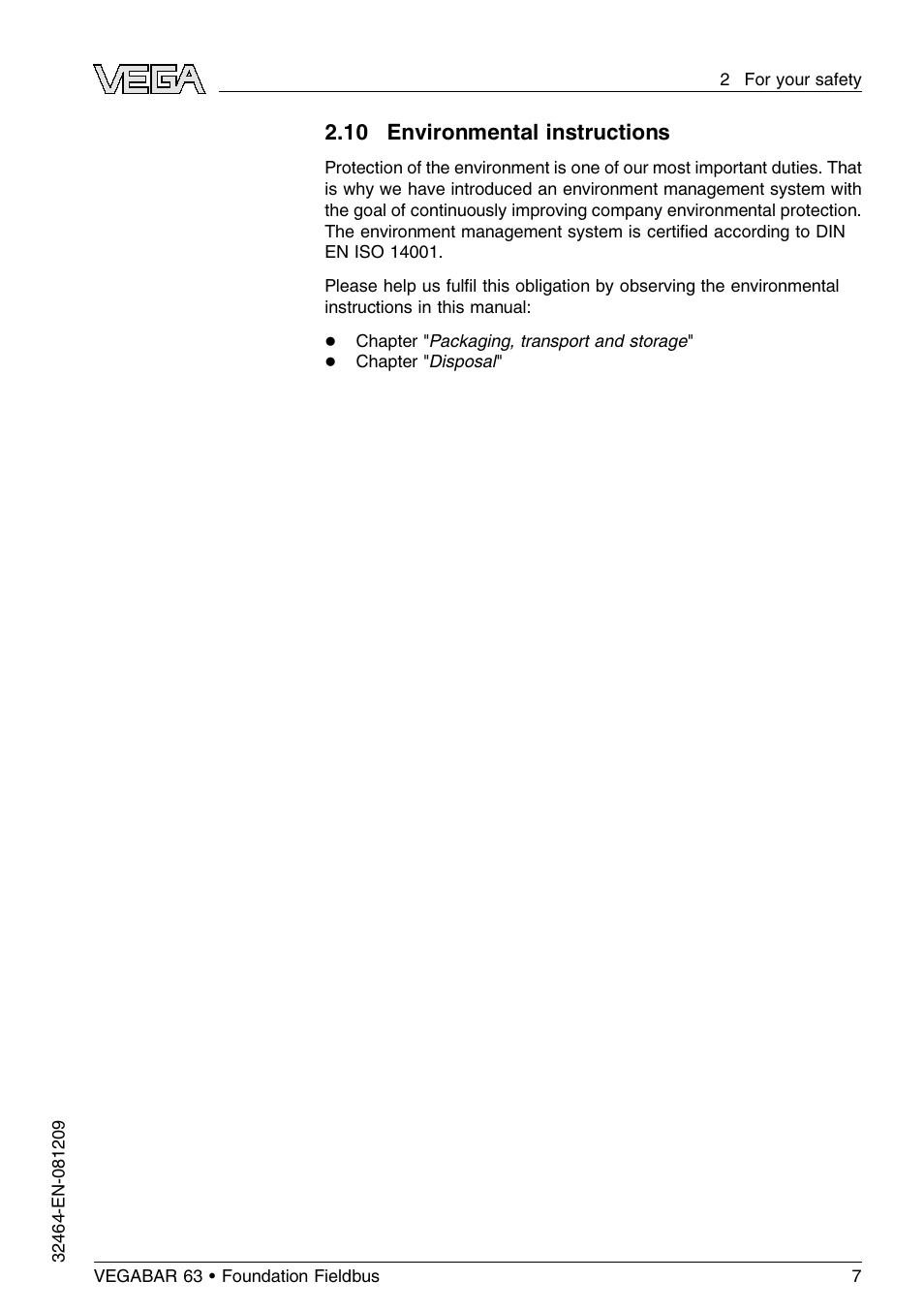10 environmental instructions | VEGA VEGABAR 63 Foundation Fieldbus User Manual | Page 7 / 76