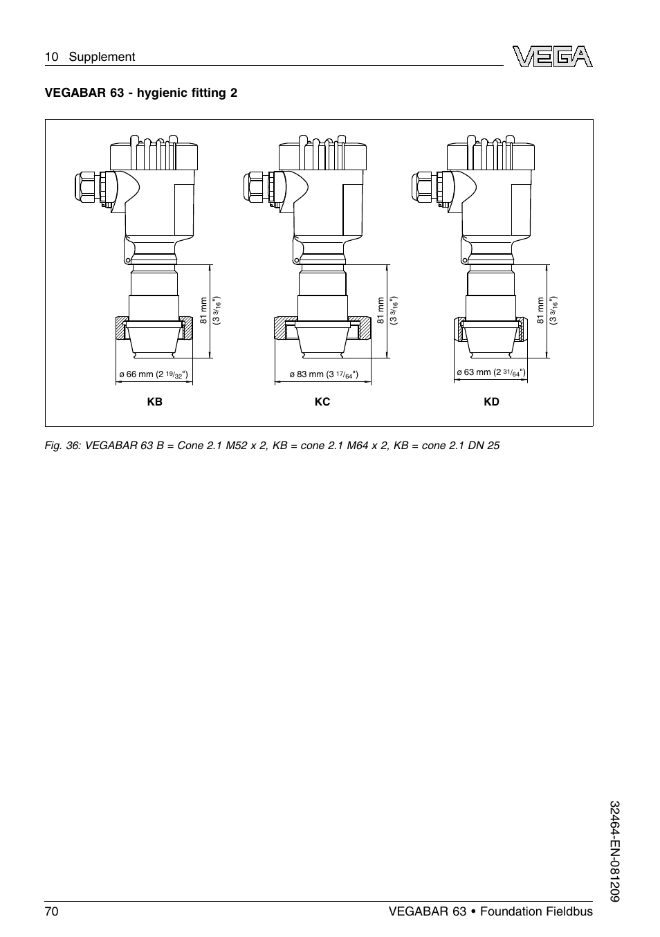 Vegabar 63 - hygienic ﬁtting 2 | VEGA VEGABAR 63 Foundation Fieldbus User Manual | Page 70 / 76