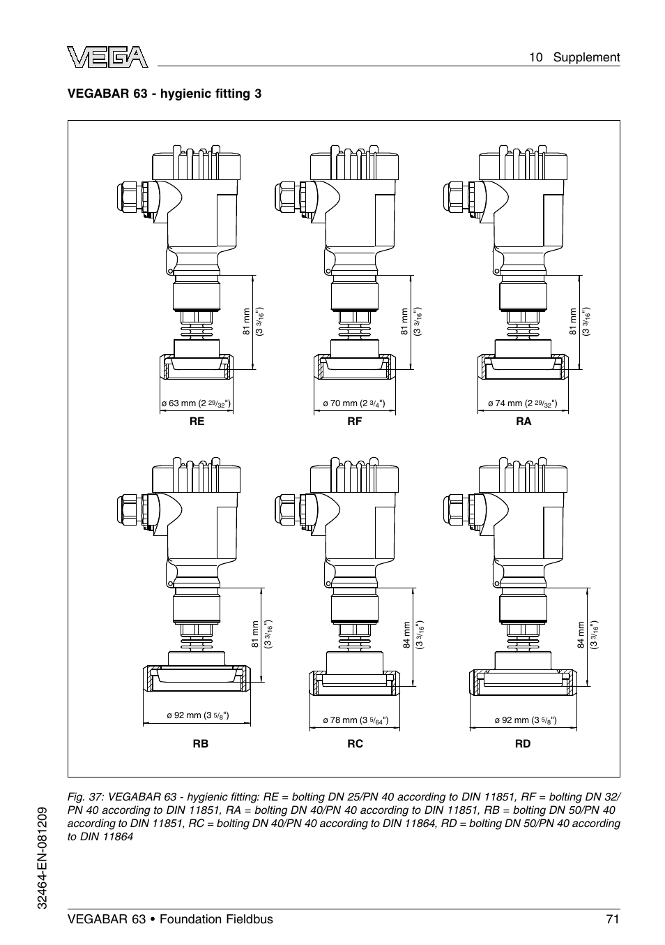Vegabar 63 - hygienic ﬁtting 3 | VEGA VEGABAR 63 Foundation Fieldbus User Manual | Page 71 / 76