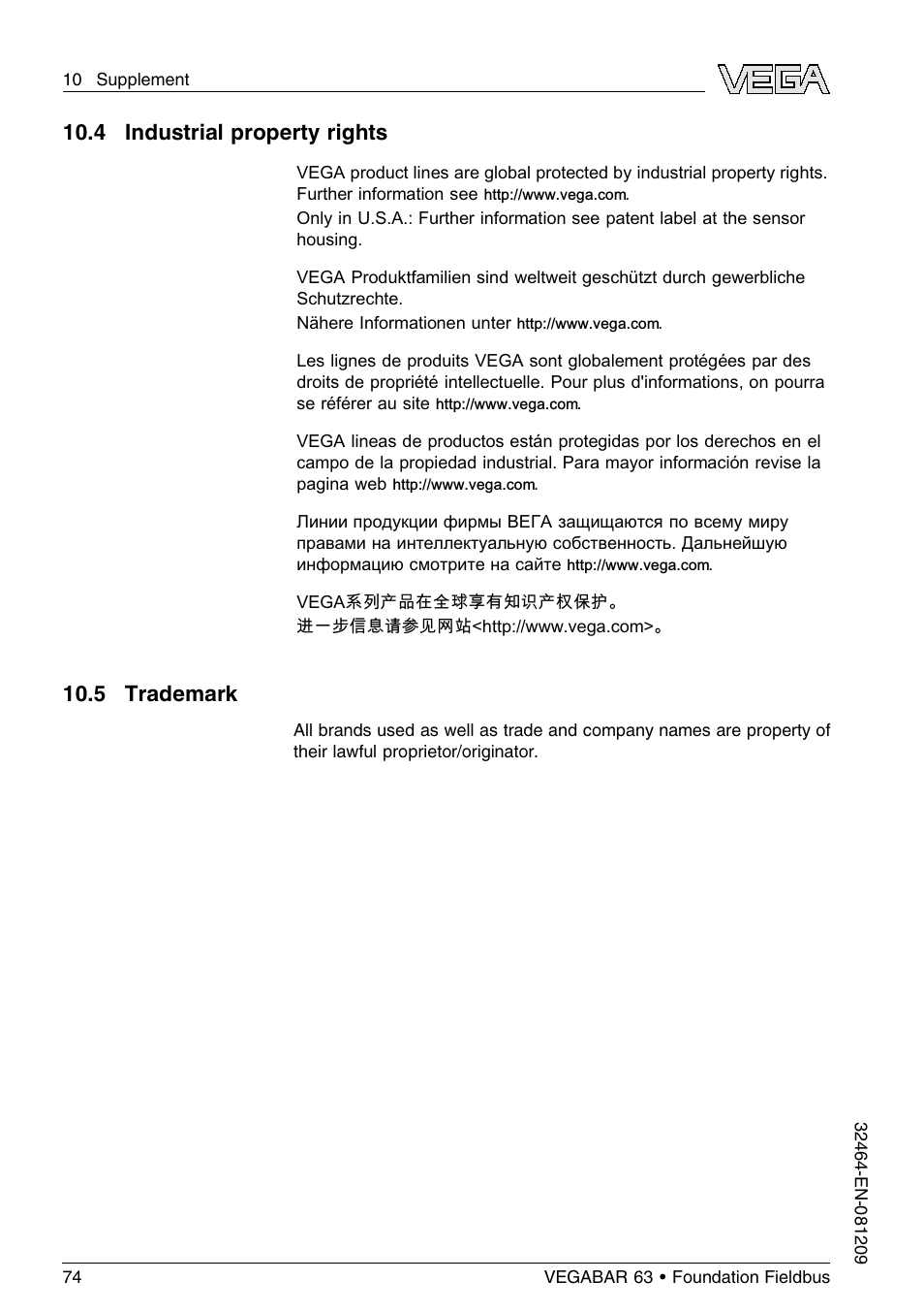 4 industrial property rights, 5 trademark | VEGA VEGABAR 63 Foundation Fieldbus User Manual | Page 74 / 76