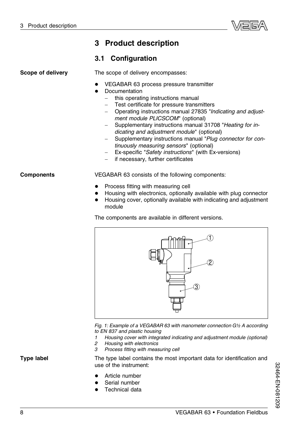 3 product description, 1 configuration, 1 conﬁguration | VEGA VEGABAR 63 Foundation Fieldbus User Manual | Page 8 / 76