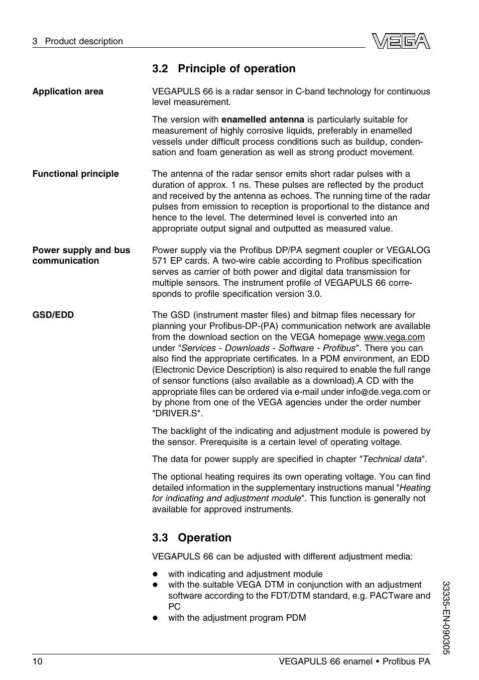 2 principle of operation, 3 operation | VEGA VEGAPULS 66 (≥ 2.0.0 - ≤ 3.8) enamel Proﬁbus PA User Manual | Page 10 / 64