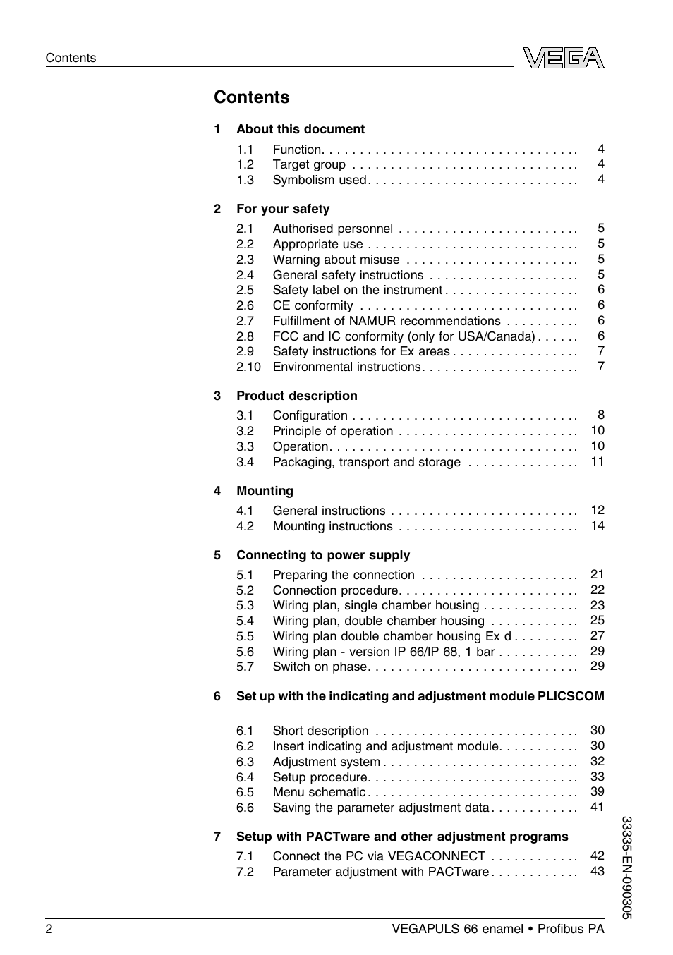 VEGA VEGAPULS 66 (≥ 2.0.0 - ≤ 3.8) enamel Proﬁbus PA User Manual | Page 2 / 64