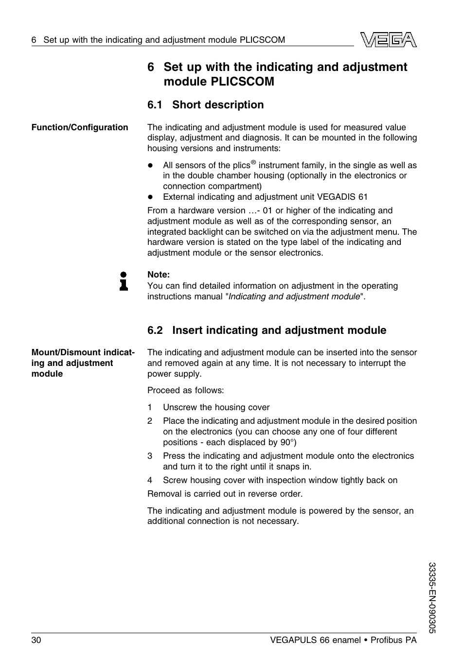 1 short description, 2 insert indicating and adjustment module | VEGA VEGAPULS 66 (≥ 2.0.0 - ≤ 3.8) enamel Proﬁbus PA User Manual | Page 30 / 64