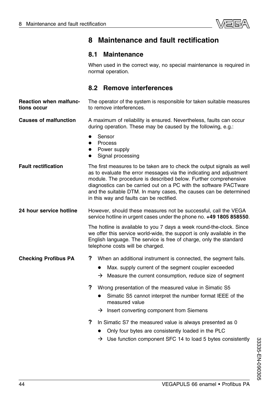 8 maintenance and fault rectification, 1 maintenance, 2 remove interferences | 8 maintenance and fault rectiﬁcation | VEGA VEGAPULS 66 (≥ 2.0.0 - ≤ 3.8) enamel Proﬁbus PA User Manual | Page 44 / 64