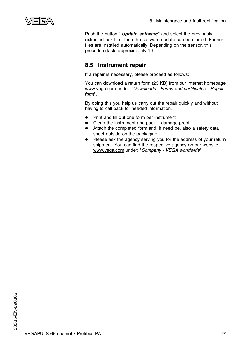 5 instrument repair | VEGA VEGAPULS 66 (≥ 2.0.0 - ≤ 3.8) enamel Proﬁbus PA User Manual | Page 47 / 64