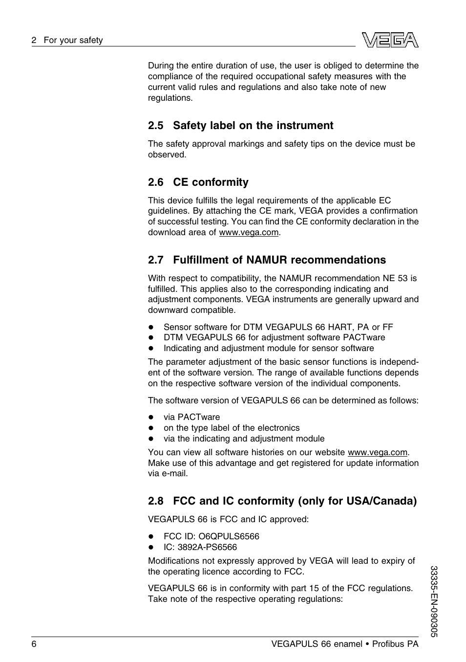 5 safety label on the instrument, 6 ce conformity, 7 fulfillment of namur recommendations | 8 fcc and ic conformity (only for usa/canada), 7 fulﬁllment of namur recommendations | VEGA VEGAPULS 66 (≥ 2.0.0 - ≤ 3.8) enamel Proﬁbus PA User Manual | Page 6 / 64