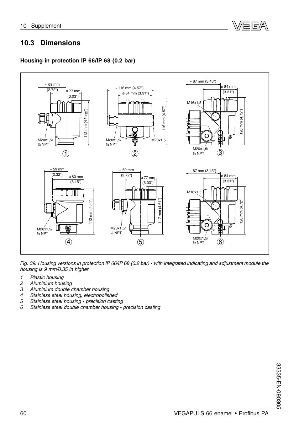 3 dimensions | VEGA VEGAPULS 66 (≥ 2.0.0 - ≤ 3.8) enamel Proﬁbus PA User Manual | Page 60 / 64