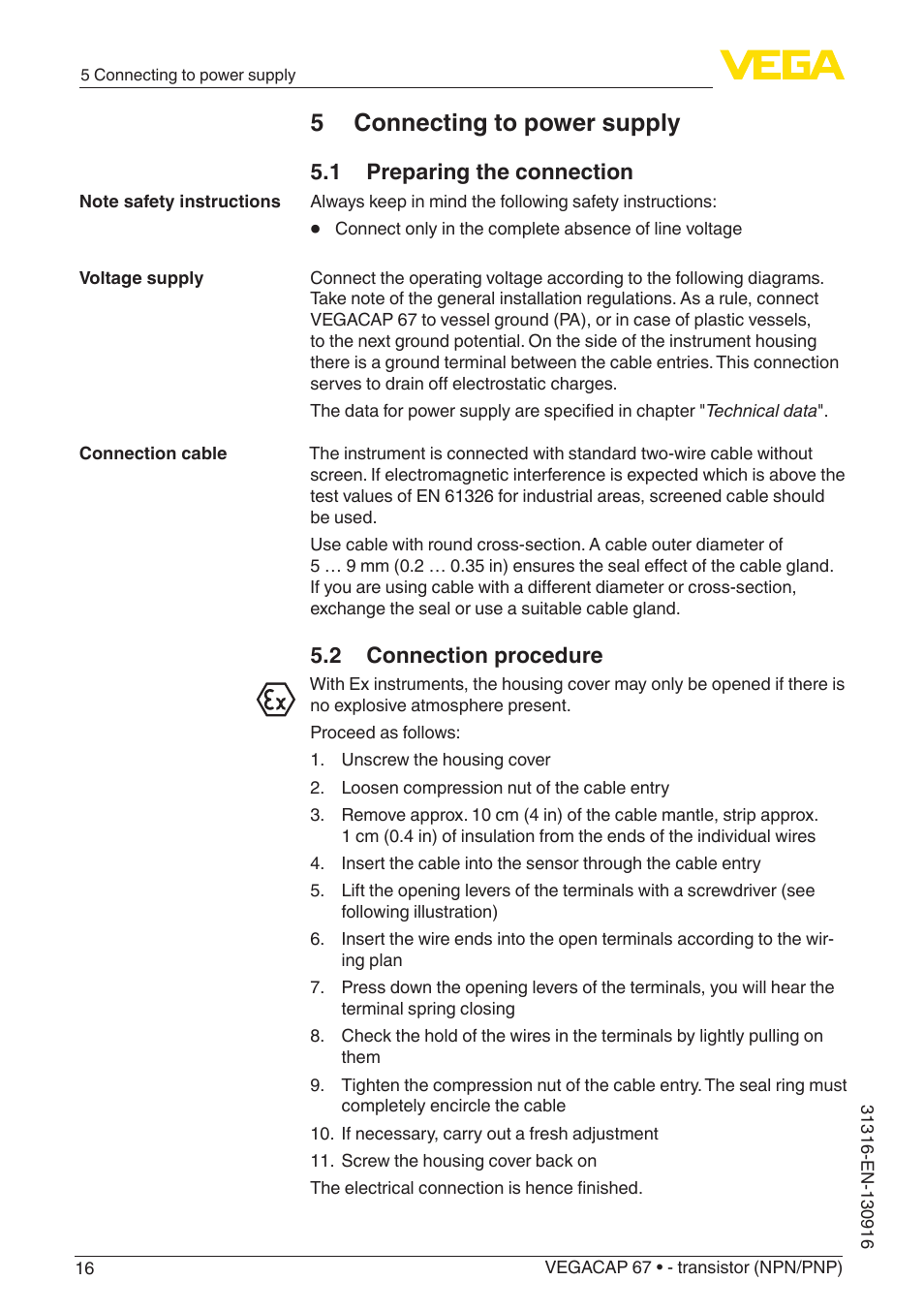 5 connecting to power supply, 1 preparing the connection, 2 connection procedure | VEGA VEGACAP 67 - transistor (NPN_PNP) User Manual | Page 16 / 40