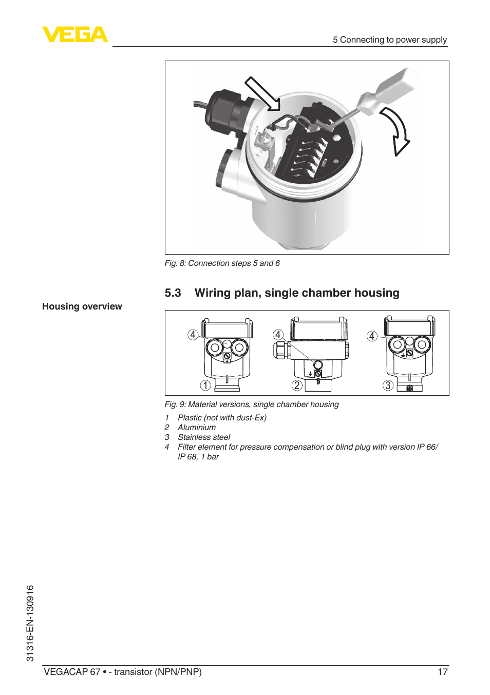 3 wiring plan, single chamber housing | VEGA VEGACAP 67 - transistor (NPN_PNP) User Manual | Page 17 / 40