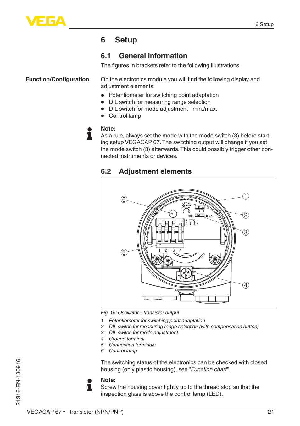 6 setup, 1 general information, 2 adjustment elements | VEGA VEGACAP 67 - transistor (NPN_PNP) User Manual | Page 21 / 40