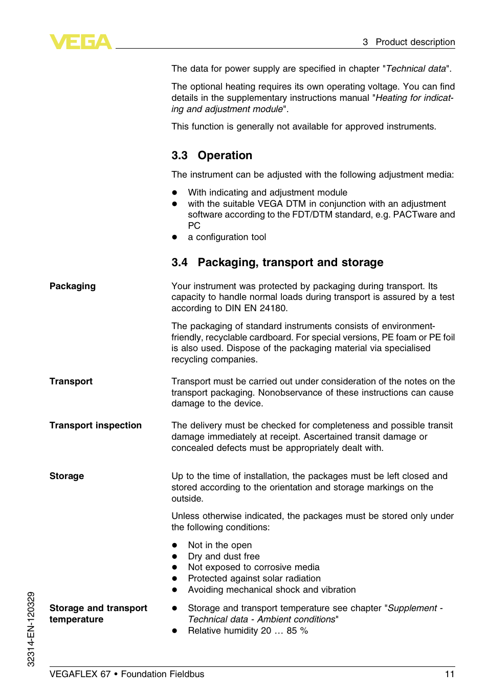 3 operation, 4 packaging, transport and storage | VEGA VEGAFLEX 67 (-200…+400°C) Foundation Fieldbus User Manual | Page 11 / 64