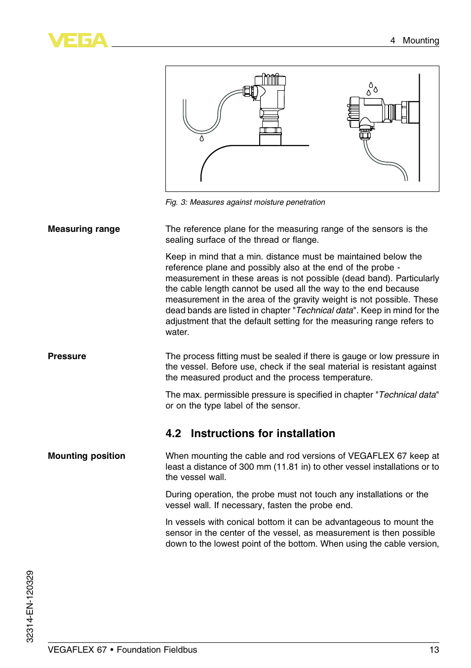 2 instructions for installation | VEGA VEGAFLEX 67 (-200…+400°C) Foundation Fieldbus User Manual | Page 13 / 64
