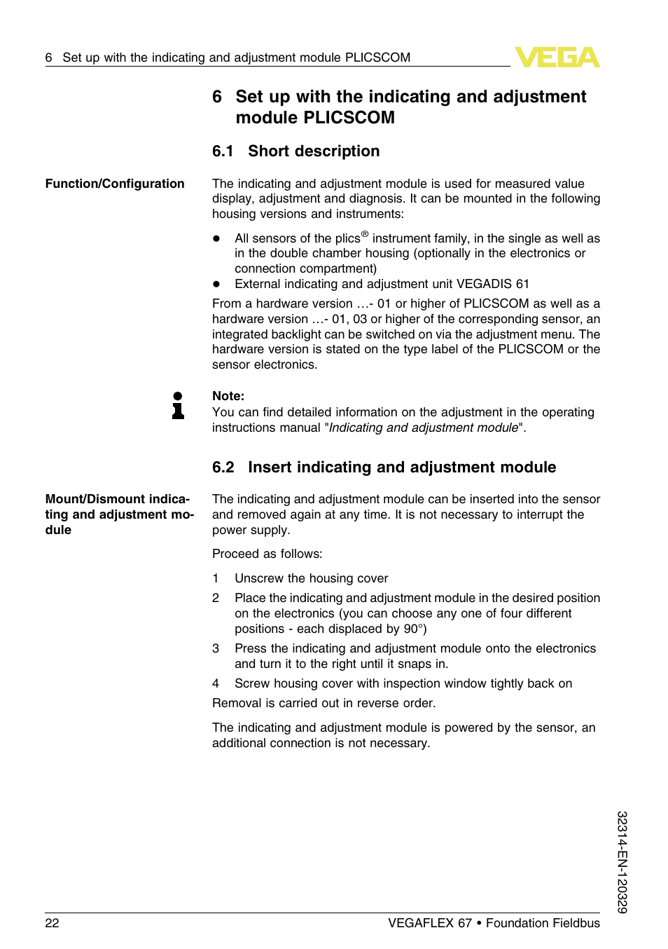 1 short description, 2 insert indicating and adjustment module | VEGA VEGAFLEX 67 (-200…+400°C) Foundation Fieldbus User Manual | Page 22 / 64