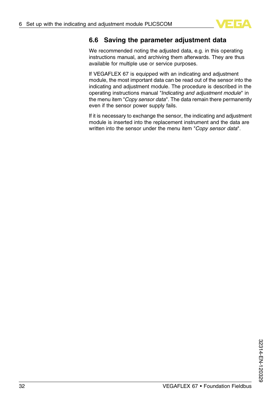 6 saving the parameter adjustment data | VEGA VEGAFLEX 67 (-200…+400°C) Foundation Fieldbus User Manual | Page 32 / 64