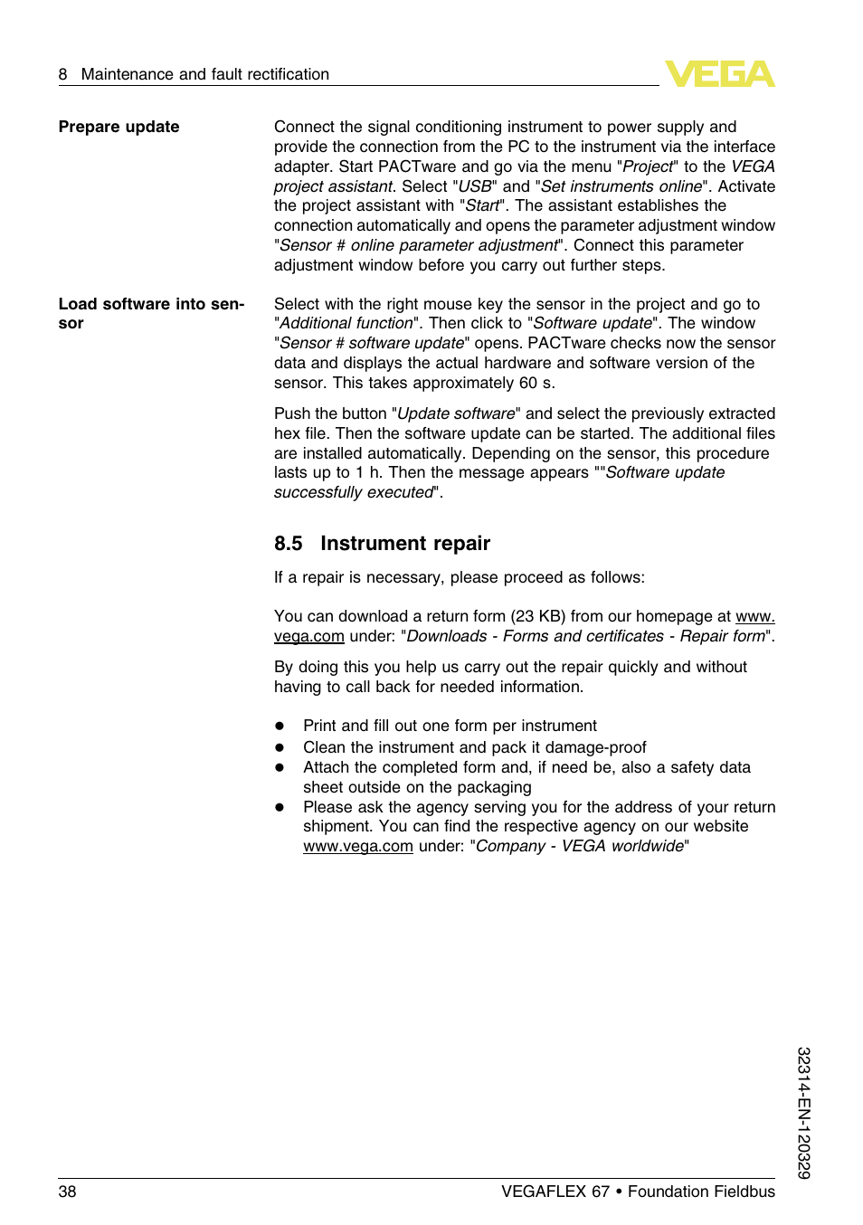 5 instrument repair | VEGA VEGAFLEX 67 (-200…+400°C) Foundation Fieldbus User Manual | Page 38 / 64