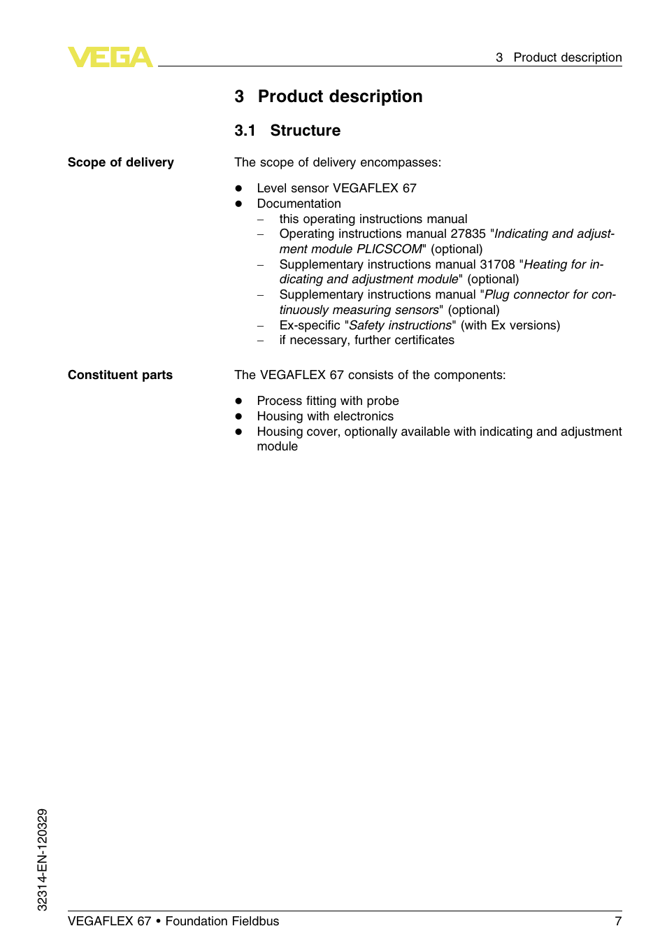 3 product description, 1 structure, 3product description | VEGA VEGAFLEX 67 (-200…+400°C) Foundation Fieldbus User Manual | Page 7 / 64