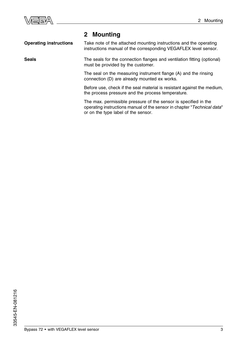 2 mounting, 2mounting | VEGA Bypass 72 Bypass tube with VEGAFLEX level sensor User Manual | Page 3 / 12