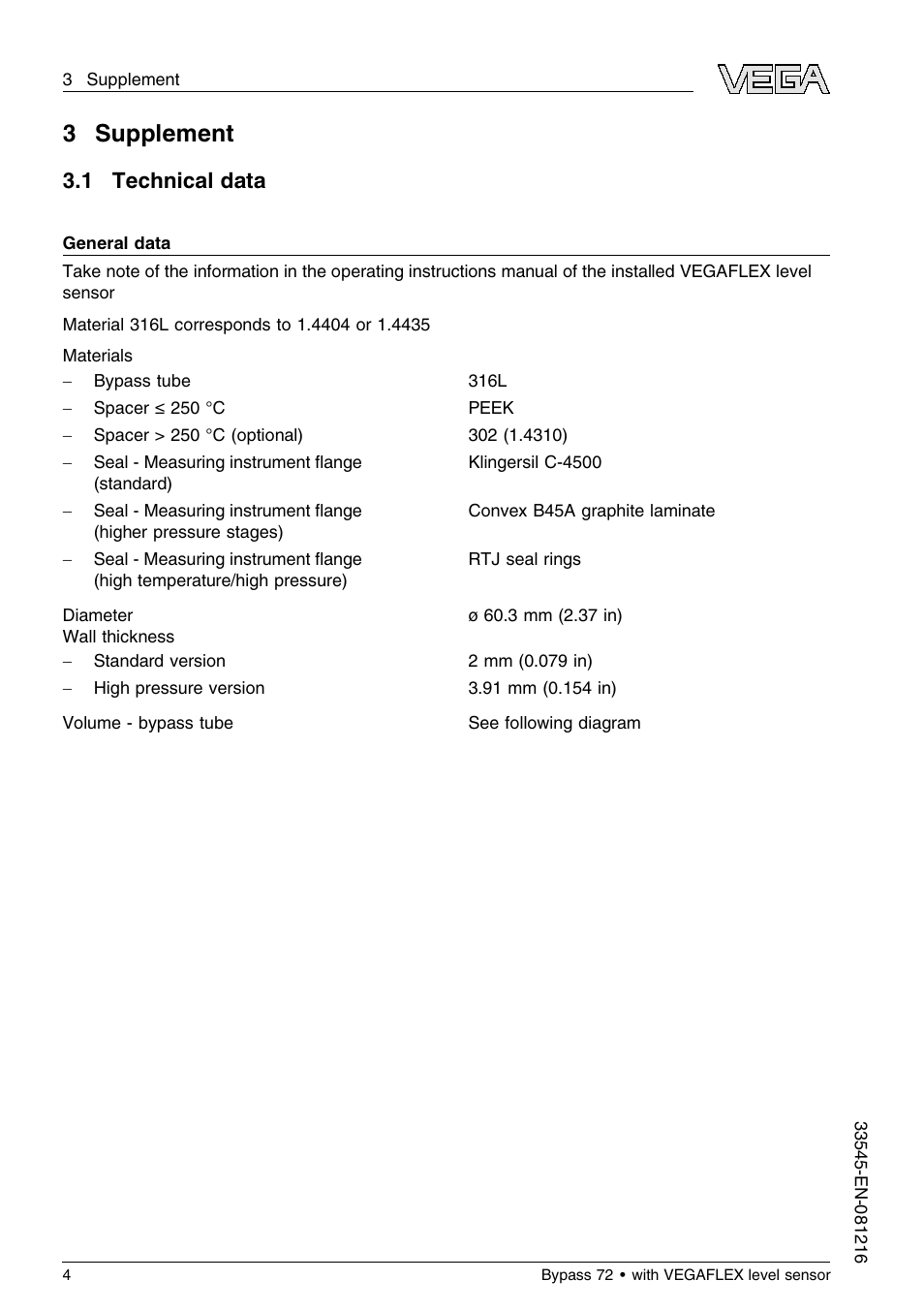 3 supplement, 1 technical data, 3supplement | VEGA Bypass 72 Bypass tube with VEGAFLEX level sensor User Manual | Page 4 / 12