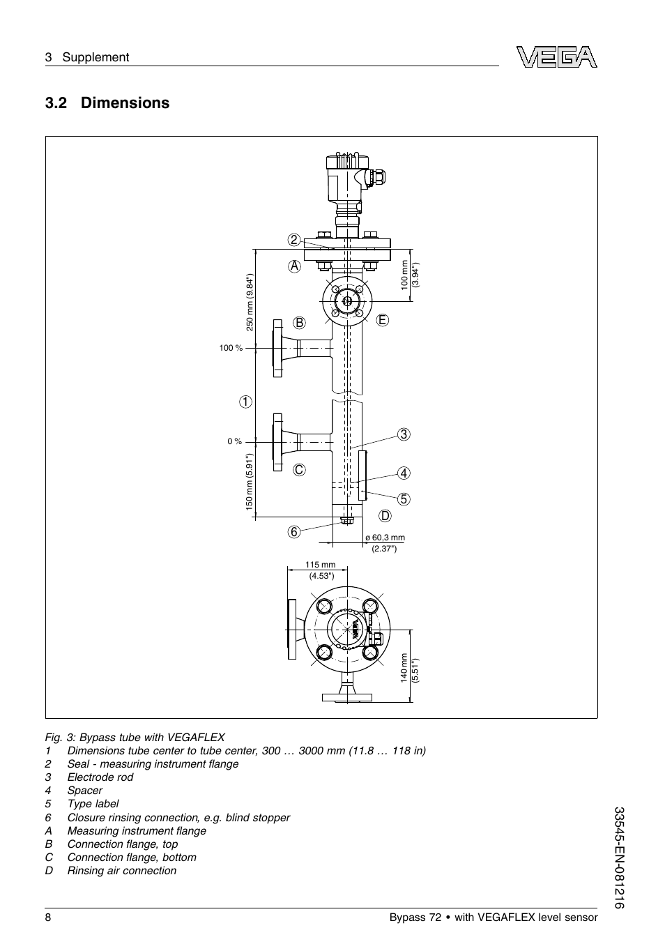 2 dimensions | VEGA Bypass 72 Bypass tube with VEGAFLEX level sensor User Manual | Page 8 / 12