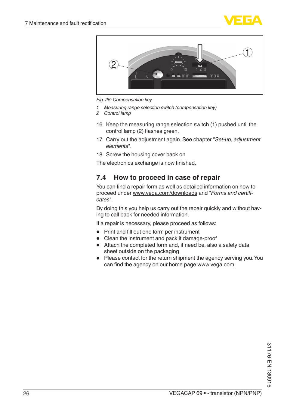 4 how to proceed in case of repair | VEGA VEGACAP 69 - transistor (NPN_PNP) User Manual | Page 26 / 36