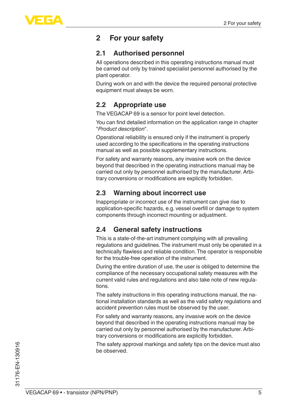 2 for your safety, 1 authorised personnel, 2 appropriate use | 3 warning about incorrect use, 4 general safety instructions | VEGA VEGACAP 69 - transistor (NPN_PNP) User Manual | Page 5 / 36