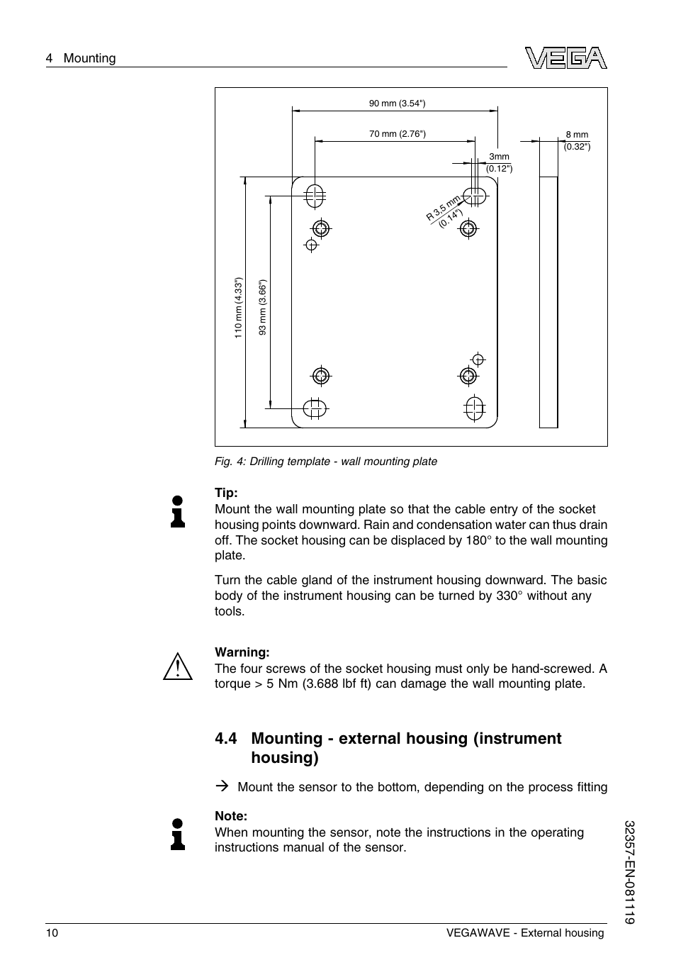 4 mounting – external housing (instrument housing), 4 mounting - external housing (instrument housing) | VEGA VEGAWAVE - External housing User Manual | Page 10 / 20