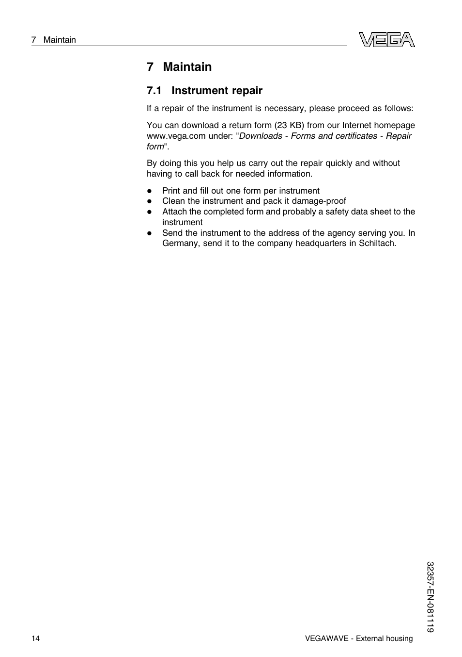 7 maintain, 1 instrument repair, 7maintain | VEGA VEGAWAVE - External housing User Manual | Page 14 / 20